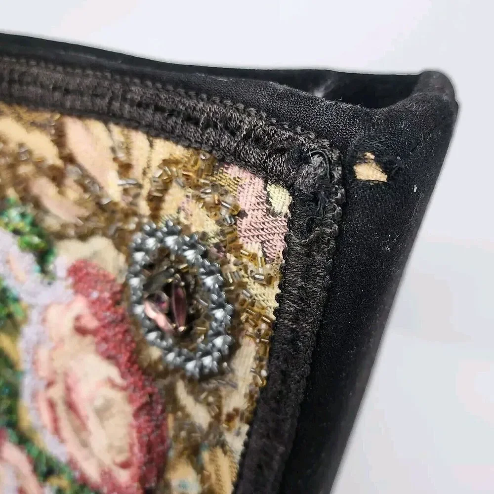 Vintage Embroidered Purse‎ Black Needlepoint Beaded Multi Floral Handbag